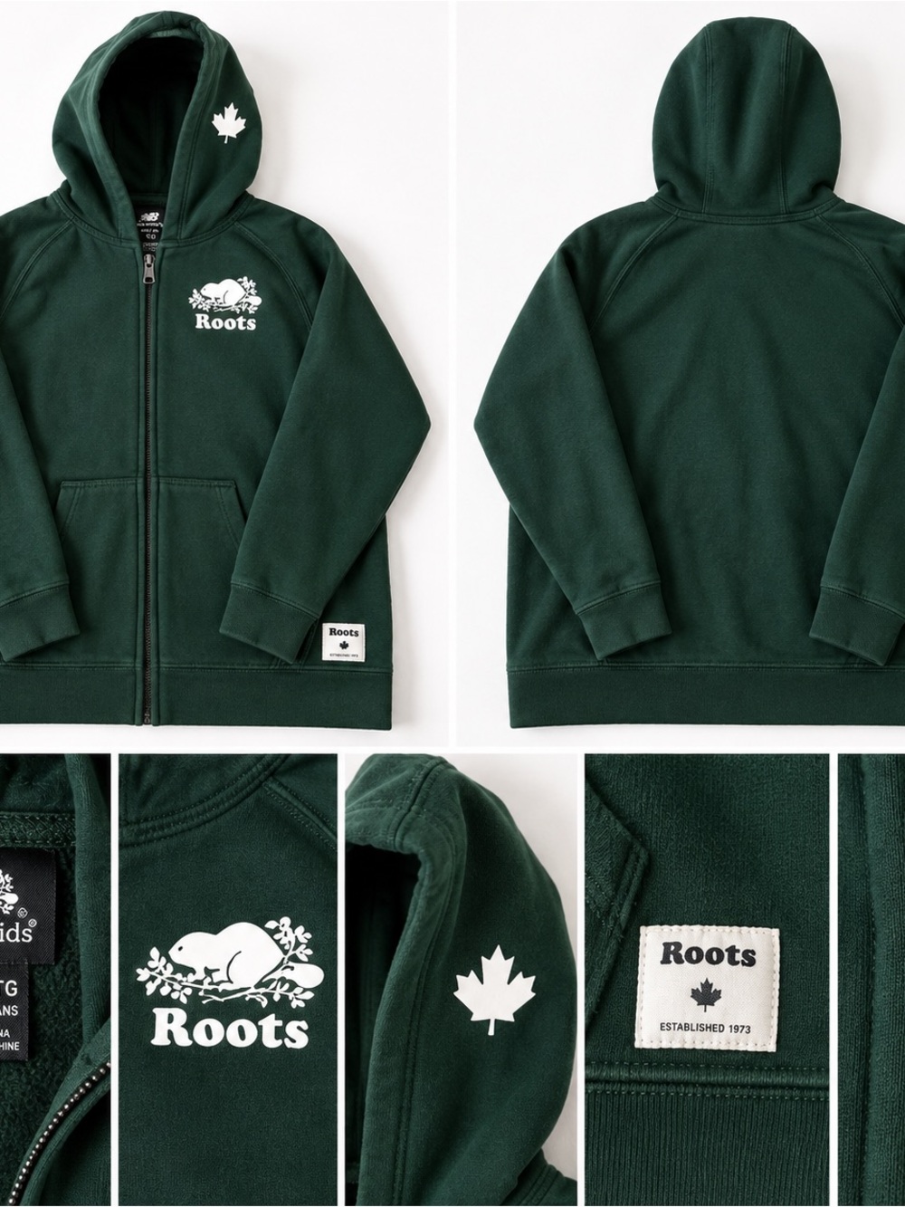 Roots Kids Forest Green Full-Zip Hoodie with White Logo